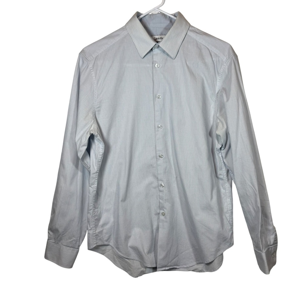 Calvin Klein Slim Fit Stretch Dress Shirt Blue Pinstripe Men's Size 15 1/2 32/33